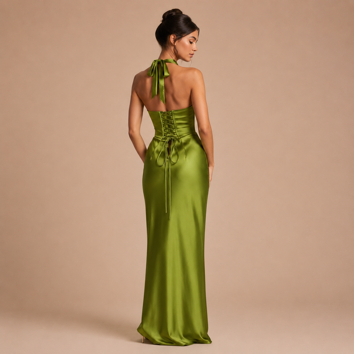 Daniela - Vestido maxi satinado con escote en V profundo y silueta sirena