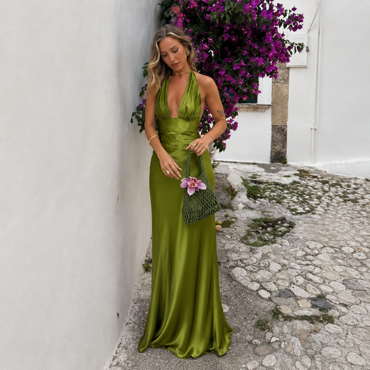 Daniela - Vestido maxi satinado con escote en V profundo y silueta sirena