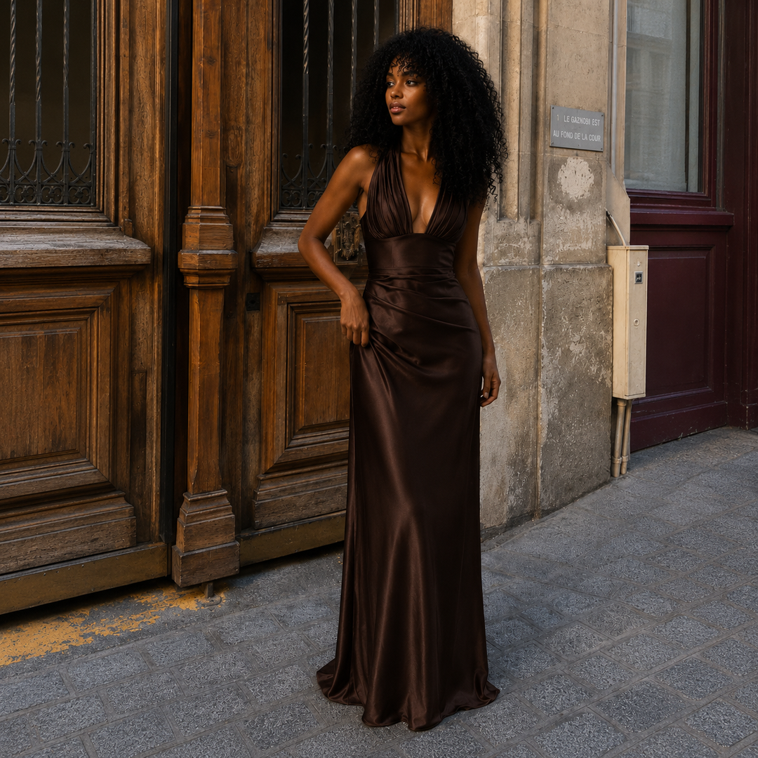 Daniela - Vestido maxi satinado con escote en V profundo y silueta sirena