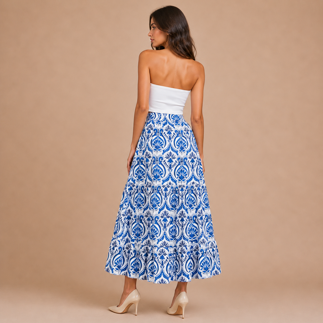 Iria – flydende midi-nederdel med ornamentalt print