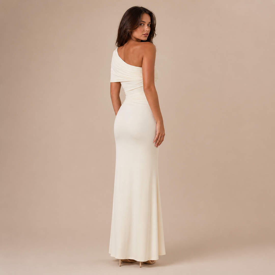 Zaira - Vestido largo asimétrico drapeado con detalle dorado en la cintura