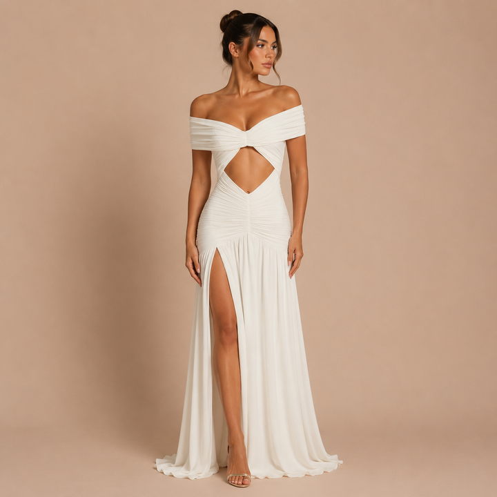 Nadia - Vestido maxi hombros caídos, nudo frontal, cintura descubierta y falda fluida