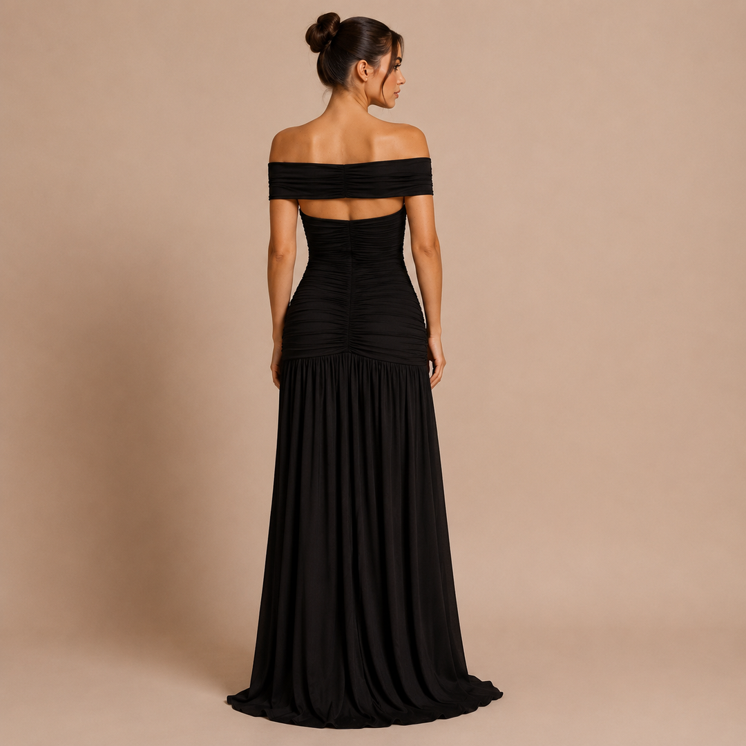 Nadia - Vestido maxi hombros caídos, nudo frontal, cintura descubierta y falda fluida