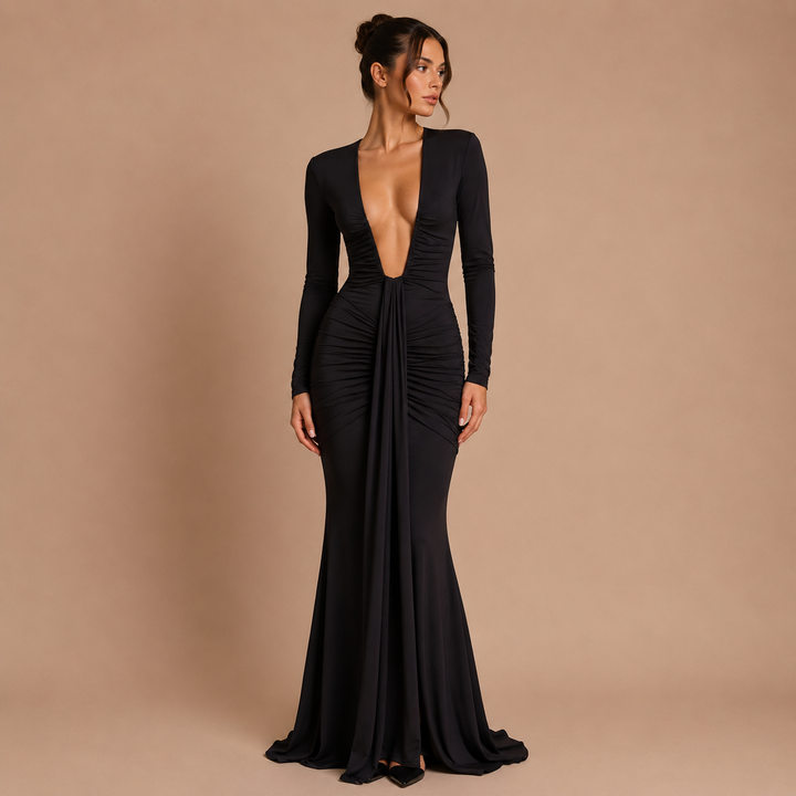Noemí - Vestido maxi manga larga con escote en V profundo y silueta sirena