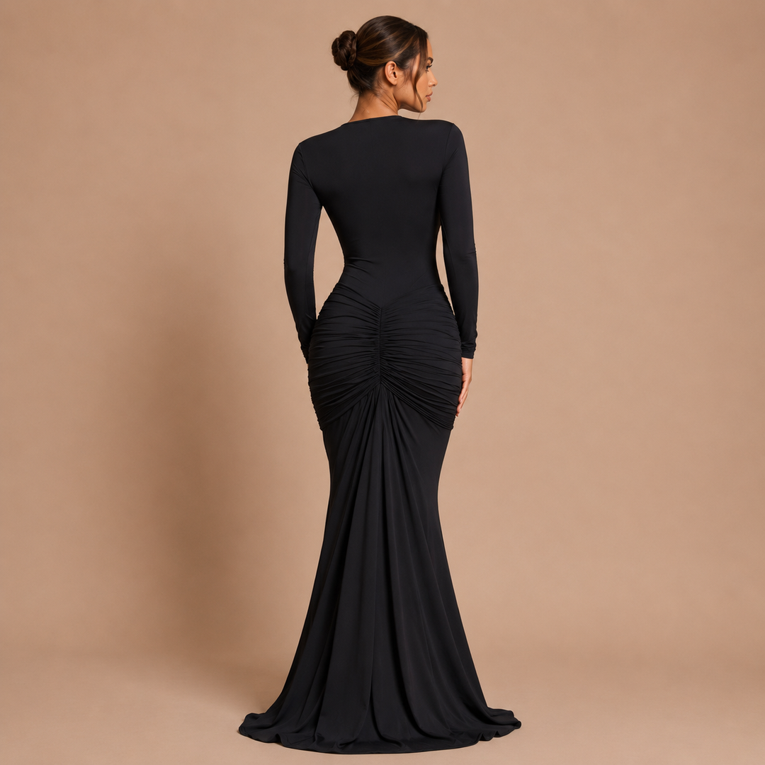 Noemí - Vestido maxi manga larga con escote en V profundo y silueta sirena