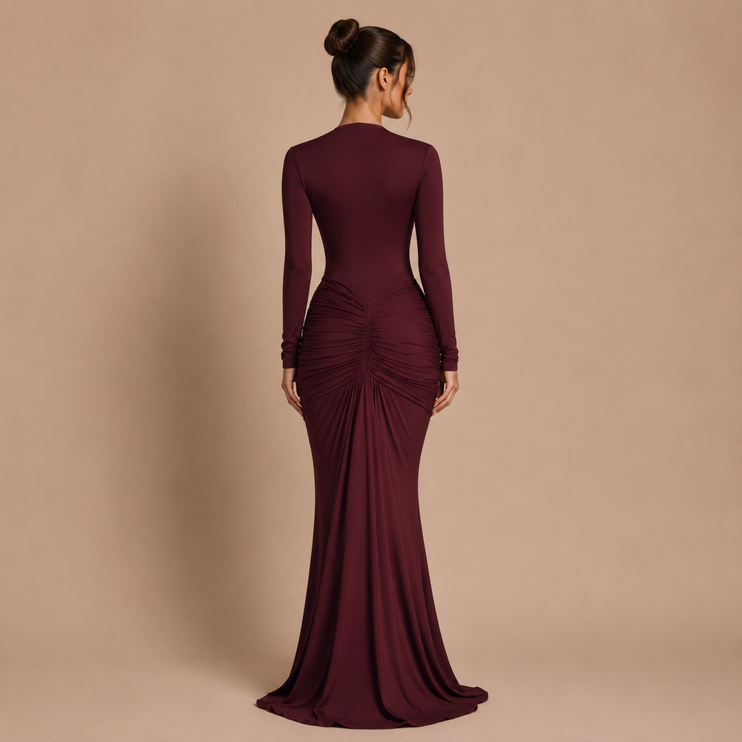 Noemí - Vestido maxi manga larga con escote en V profundo y silueta sirena