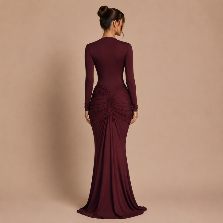 Noemí - Vestido maxi manga larga con escote en V profundo y silueta sirena