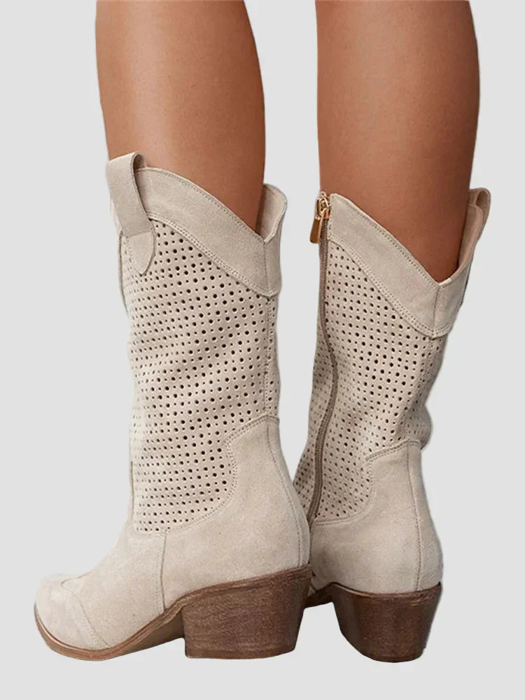 Xenia – Moderne cowboystøvler i denim med lynlås i siden